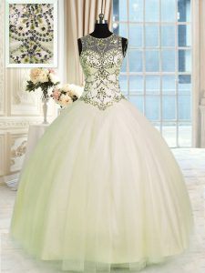 Scoop Sleeveless Tulle Floor Length Lace Up 15th Birthday Dress in Champagne with Beading