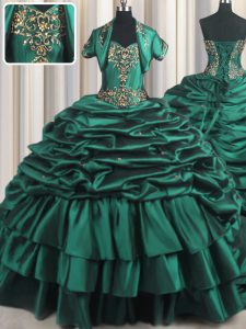 Sweet Peacock Green Sweetheart Lace Up Beading and Appliques and Pick Ups Quinceanera Dress Brush Train Sleeveless