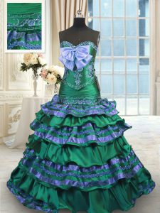 Dark Green A-line Sweetheart Sleeveless Taffeta Brush Train Lace Up Appliques and Embroidery and Ruffled Layers and Bowknot Sweet 16 Dresses