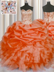 Sweetheart Sleeveless Quince Ball Gowns Floor Length Beading and Ruffles and Pick Ups Orange Red Organza