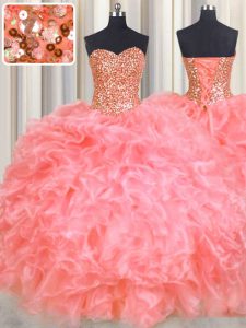 Stunning Halter Top Sleeveless Floor Length Beading and Ruffles Lace Up Quinceanera Gown with Watermelon Red