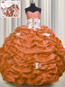 Sleeveless With Train Appliques and Sequins and Pick Ups Lace Up 15 Quinceanera Dress with Orange Red Brush Train