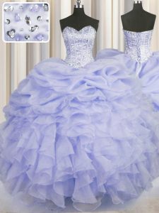 Wonderful Sleeveless Organza Floor Length Lace Up Quinceanera Dress in Lavender with Beading and Ruffles