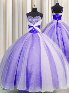 Top Selling Spaghetti Straps Lavender Lace Up 15th Birthday Dress Beading and Sequins and Ruching Sleeveless Floor Length