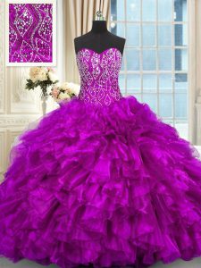 Spectacular Purple Ball Gowns Organza Sweetheart Sleeveless Beading and Ruffles Lace Up Quinceanera Gowns Brush Train
