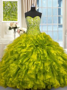 Stunning Olive Green Sleeveless Organza Brush Train Lace Up Quinceanera Gowns for Military Ball and Sweet 16 and Quinceanera