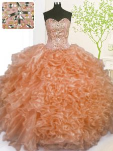Orange Sweetheart Neckline Beading and Ruffles and Pick Ups 15 Quinceanera Dress Sleeveless Lace Up
