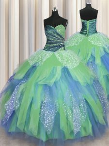 Pretty Green Organza Lace Up Quince Ball Gowns Sleeveless Floor Length Beading and Ruching