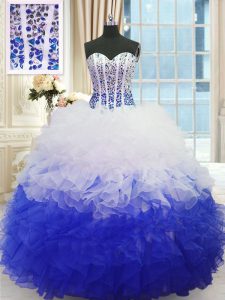 Blue And White Quinceanera Gowns Military Ball and Sweet 16 and Quinceanera with Beading and Ruffles Sweetheart Sleeveless Lace Up