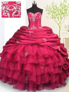 Eye-catching Pick Ups Ruffled Rose Pink Sleeveless Organza and Taffeta Brush Train Lace Up Quinceanera Gown for Military Ball and Sweet 16 and Quinceanera