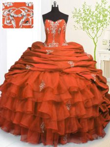 Custom Made Beading and Appliques and Ruffled Layers and Pick Ups Quinceanera Gowns Orange Red Lace Up Sleeveless With Brush Train