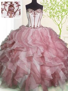 Dynamic Pink And White Ball Gowns Ruffles 15 Quinceanera Dress Lace Up Organza Sleeveless Floor Length