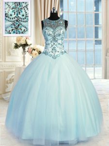Fashion Scoop Light Blue Tulle Lace Up Sweet 16 Dress Sleeveless Floor Length Beading
