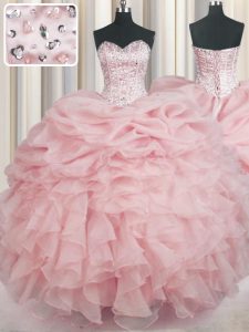 Baby Pink Ball Gowns Sweetheart Sleeveless Organza Floor Length Lace Up Beading and Ruffles Quinceanera Dresses