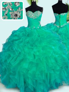 Wonderful Turquoise Sleeveless Organza Lace Up 15 Quinceanera Dress for Military Ball and Sweet 16 and Quinceanera