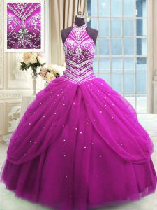 Glorious Beading 15th Birthday Dress Fuchsia Lace Up Sleeveless Floor Length