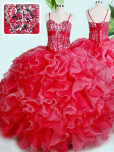 Floor Length Red Quinceanera Dresses Organza Sleeveless Beading and Ruffles