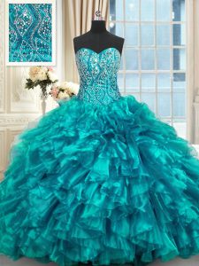 Popular Teal Ball Gowns Beading and Ruffles Vestidos de Quinceanera Lace Up Organza Sleeveless