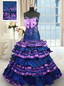 Glamorous Navy Blue Sleeveless Appliques and Ruffled Layers and Bowknot Lace Up Sweet 16 Quinceanera Dress