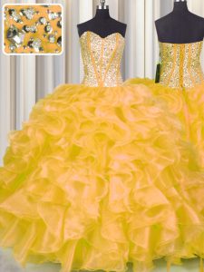 Gold Sleeveless Beading and Ruffles Floor Length Quinceanera Gown