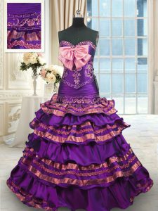 Sweetheart Sleeveless Taffeta Sweet 16 Quinceanera Dress Appliques and Ruffled Layers and Bowknot Brush Train Lace Up