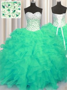 Comfortable Beading and Ruffles Quinceanera Dress Turquoise Lace Up Sleeveless Floor Length