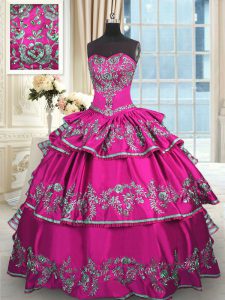 Fuchsia Satin Lace Up Sweetheart Sleeveless Floor Length Sweet 16 Quinceanera Dress Embroidery and Ruffled Layers