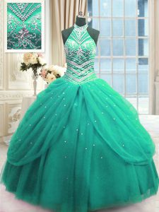 Custom Designed Sleeveless Floor Length Beading Lace Up Sweet 16 Dress with Turquoise