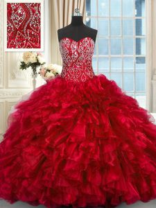 Traditional Red Ball Gowns Sweetheart Sleeveless Organza Brush Train Lace Up Beading and Ruffles Quince Ball Gowns