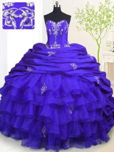 Suitable Royal Blue Sweet 16 Dress Military Ball and Sweet 16 and Quinceanera with Beading and Appliques and Ruffled Layers and Pick Ups Strapless Sleeveless Brush Train Lace Up