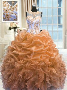 Wonderful Scoop Orange Organza Zipper Sweet 16 Quinceanera Dress Sleeveless Floor Length Beading and Ruffles