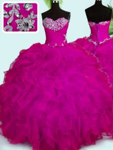 Sophisticated Fuchsia Sweetheart Lace Up Beading and Ruffles Quinceanera Dresses Sleeveless