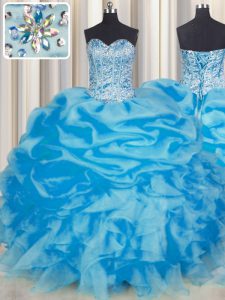 Chic Blue Sleeveless Floor Length Beading and Ruffles and Pick Ups Lace Up 15 Quinceanera Dress