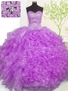 Graceful Purple Ball Gowns Sweetheart Sleeveless Organza Floor Length Lace Up Beading and Ruffles and Pick Ups 15th Birthday Dress