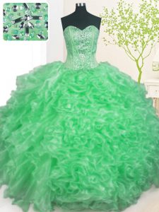 Flare Apple Green Sleeveless Floor Length Beading and Ruffles and Pick Ups Lace Up Quince Ball Gowns
