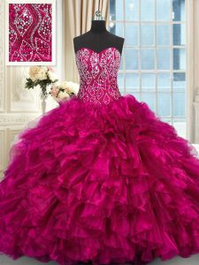 Elegant Sleeveless Beading and Ruffles Lace Up Quinceanera Gown with Fuchsia Brush Train