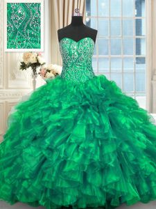 Brush Train Ball Gowns Vestidos de Quinceanera Turquoise Sweetheart Organza Sleeveless Lace Up