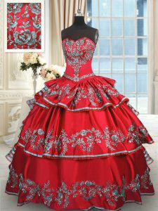 Captivating Red Taffeta Lace Up Quinceanera Gowns Sleeveless Floor Length Embroidery and Ruffled Layers