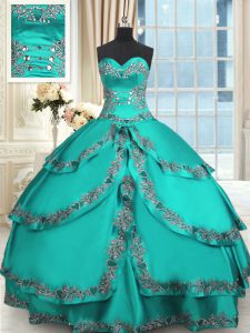 Modest Turquoise Sleeveless Beading and Embroidery and Ruffled Layers Floor Length Quinceanera Gowns