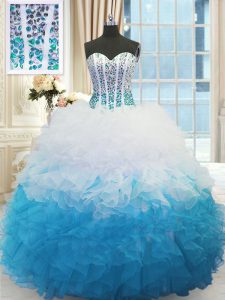 Delicate Organza Sweetheart Sleeveless Lace Up Beading and Ruffles Sweet 16 Dresses in Blue And White