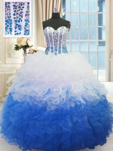 Modern Blue And White Ball Gowns Beading and Ruffles Quinceanera Dresses Lace Up Organza Sleeveless Floor Length