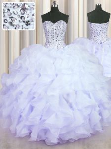 Edgy Sleeveless Floor Length Beading and Ruffles Lace Up Quince Ball Gowns with Lavender