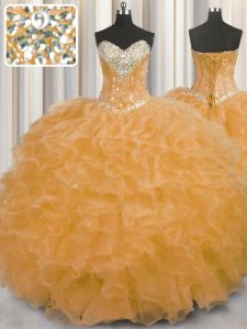 Organza Sweetheart Sleeveless Lace Up Beading and Ruffles Quince Ball Gowns in Orange