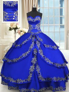 Affordable Sweetheart Sleeveless Quince Ball Gowns Floor Length Beading and Embroidery and Ruffled Layers Royal Blue Taffeta