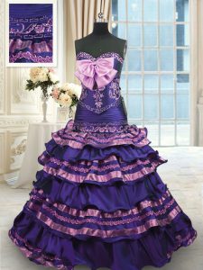 Dark Purple A-line Taffeta Sweetheart Sleeveless Appliques and Ruffled Layers and Bowknot With Train Lace Up Quinceanera Gown Sweep Train