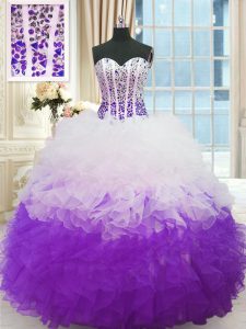 White And Purple Sleeveless Organza Lace Up Sweet 16 Dress for Military Ball and Sweet 16 and Quinceanera