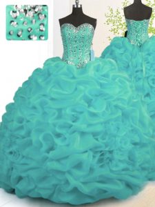 Clearance Turquoise Sleeveless Brush Train Beading and Ruffles With Train Quinceanera Dresses