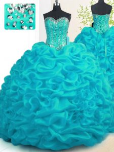 Admirable Aqua Blue Vestidos de Quinceanera Military Ball and Sweet 16 and Quinceanera with Beading and Ruffles Sweetheart Sleeveless Brush Train Lace Up