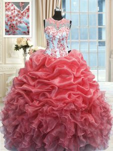 Charming Scoop Floor Length Watermelon Red Sweet 16 Dress Organza Sleeveless Beading and Ruffles