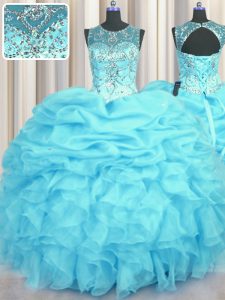 Customized See Through Aqua Blue Lace Up Scoop Beading and Ruffles and Pick Ups Ball Gown Prom Dress Organza Sleeveless